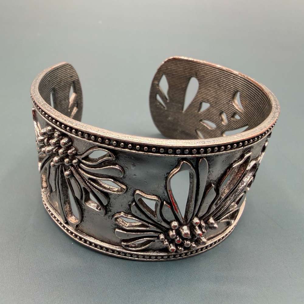 Silver Tone Floral Openwork Wide Cuff Bracelet Boho Statement Vintage Style